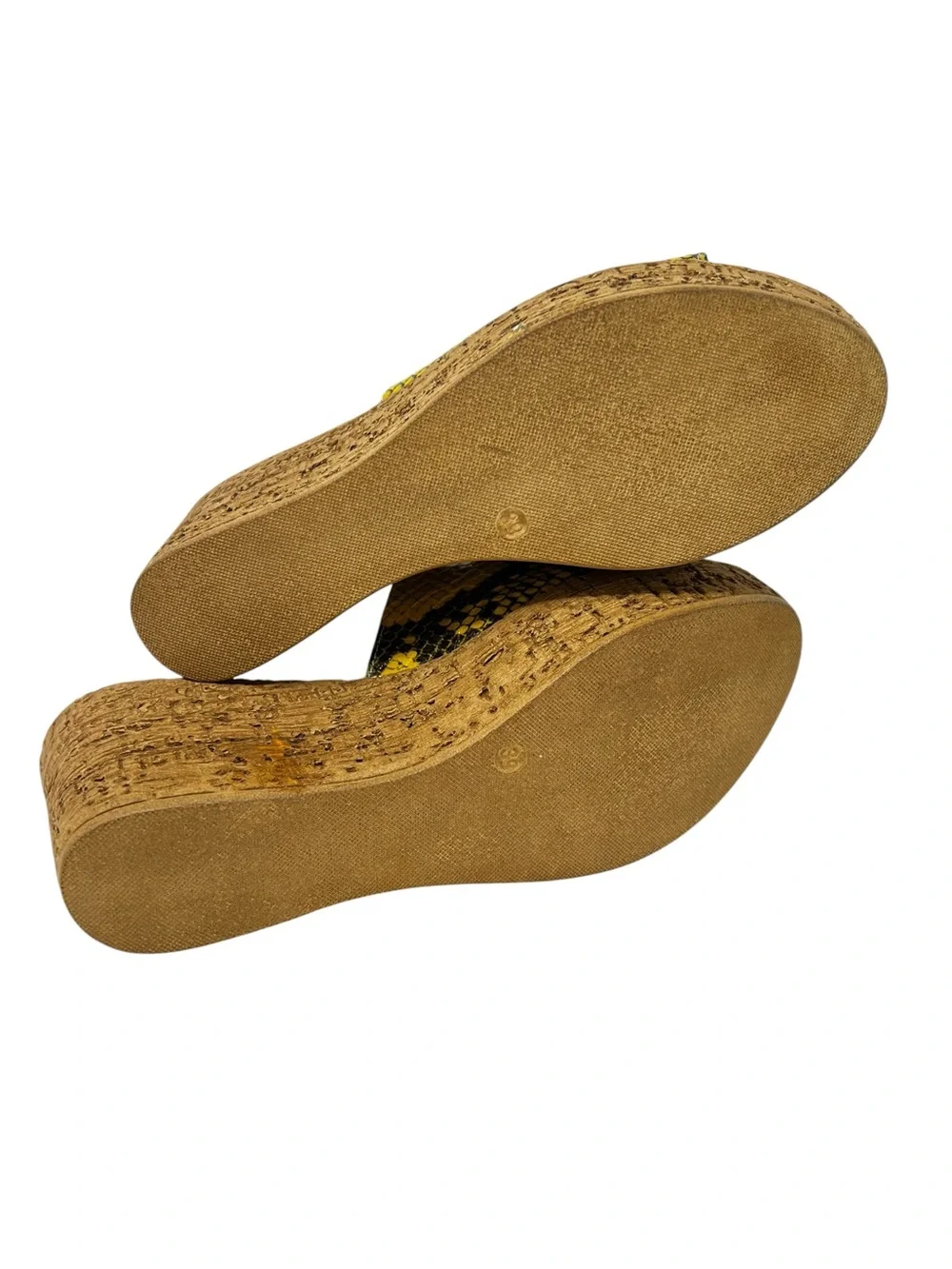 Spring Step Yellow and Black Snake-Print Cork Wedge Slide